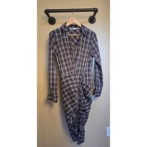 Veronica Beard Calvert Plaid Button-Front Ruched Shirt dress women's size 8
